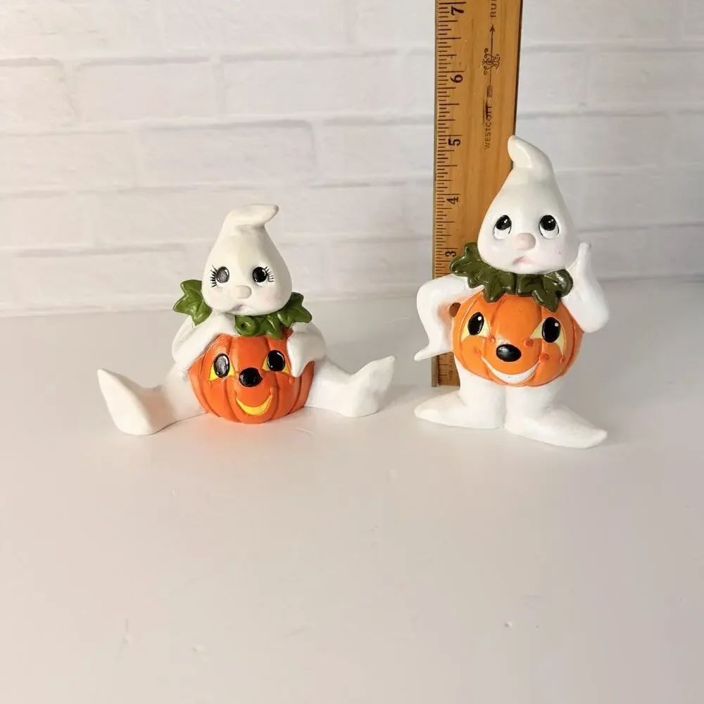 Vtg Ceramic Halloween Ghost Pumpkin Belly Figurine Anthropomorphic Set of 2